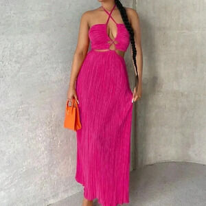 Hot Pink Sexy Women's Crisscross Tie Backless Halter Swing Dress